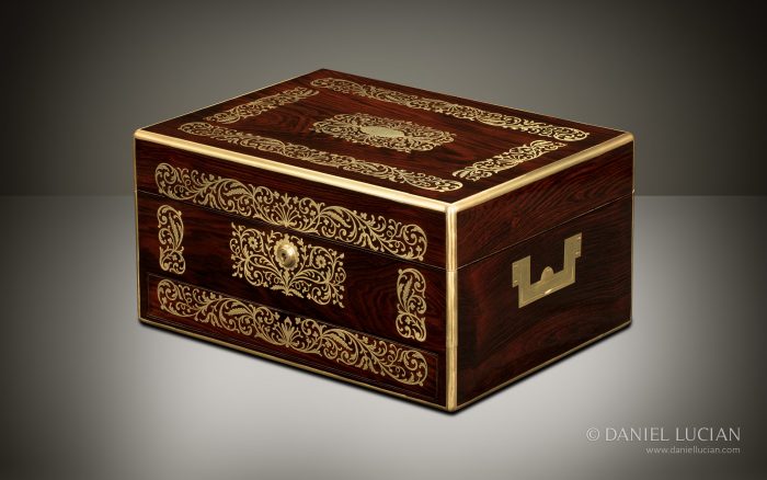 Antique Jewellery Box in Rosewood with Foliate Brass Inlay, by Charles Essex.