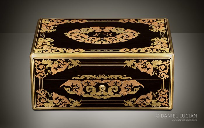 French Antique Jewellery Box in Ebony with Yellow & Rose Brass Inlay.