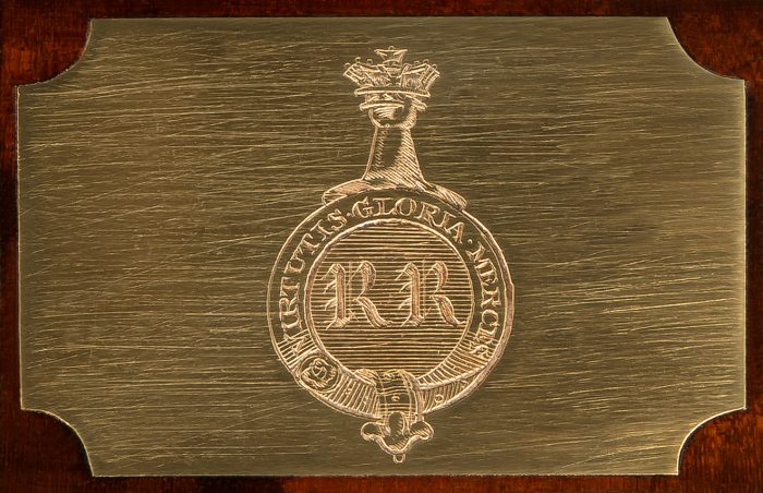 Engraved crest badge from an antique officer’s box in Cuban mahogany, by David Edwards.