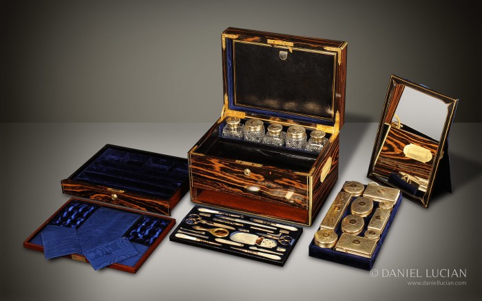 Antique Dressing Case in Calamander with Silver-Gilt / Gold Fittings by Walter Thornhill.