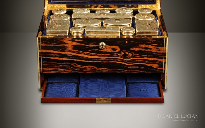 Antique Dressing Case in Calamander with Silver-Gilt / Gold Fittings by Walter Thornhill.