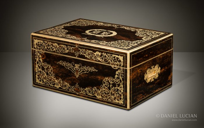 Magnificent Antique Jewellery Box in Coromandel with Engraved Brass Inlay and Concealed Drawer.