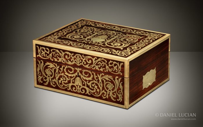 Antique Jewellery Box in Rosewood with Engraved Brass Inlay.