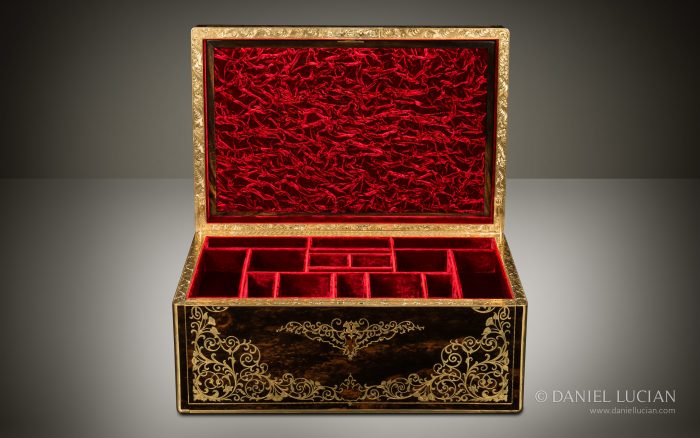 Magnificent Antique Jewellery Box in Coromandel with Engraved Brass Inlay and Concealed Drawer.