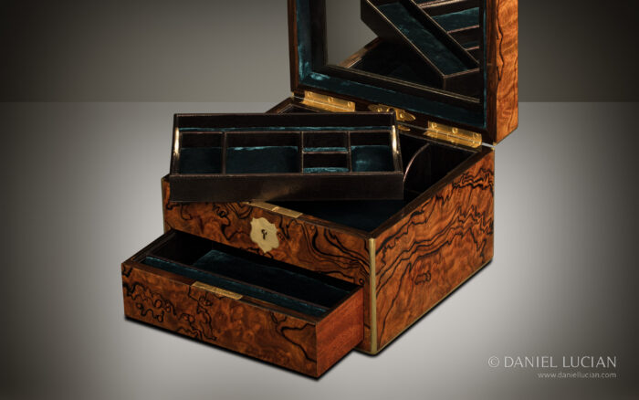 Miniature Antique Jewellery Box in Burr Walnut, by Jenner & Knewstub.
