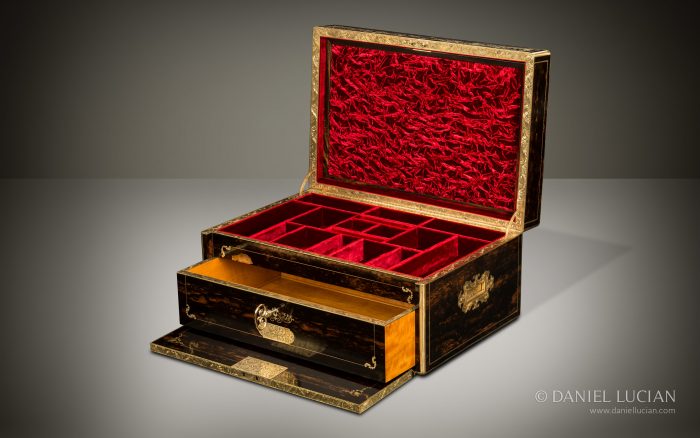 Magnificent Antique Jewellery Box in Coromandel with Engraved Brass Inlay and Concealed Drawer.