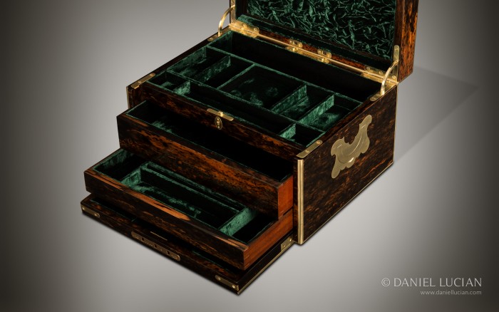 Antique Coromandel Jewellery Box with Two Drawers and Secret Floor Compartment, by Leuchars.