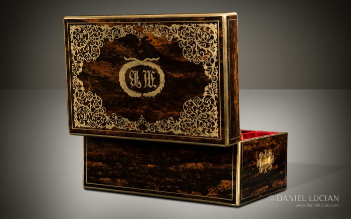 Magnificent Antique Jewellery Box in Coromandel with Engraved Brass Inlay and Concealed Drawer.