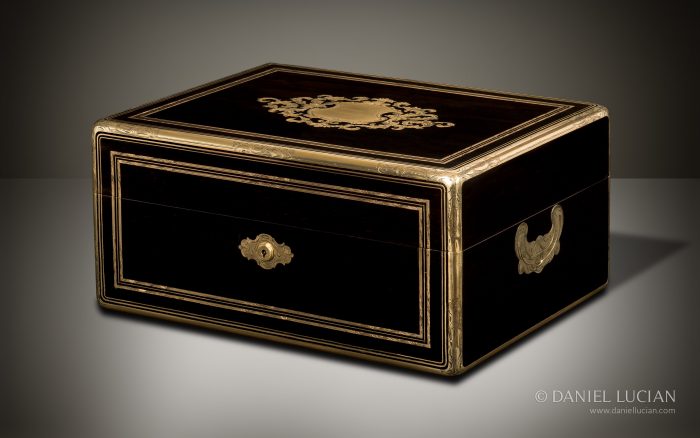 French Antique Jewellery Box in Ebony with Brass Inlay by Alphonse Giroux & Cie, Paris.