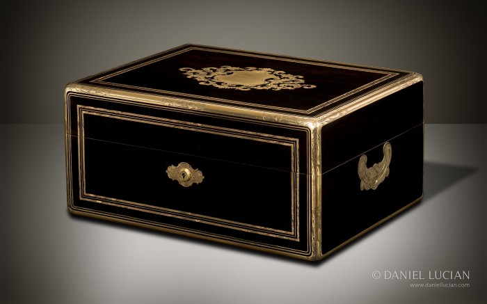 French Antique Jewellery Box in Ebony with Brass Inlay by Alphonse Giroux & Cie, Paris.