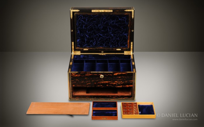 Coromandel Antique Jewellery Box with Drawers and Secret Floor Compartments.