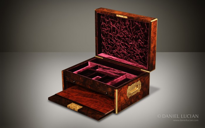 Walnut Antique Jewellery Box with Drop Front and Concealed Drawers.
