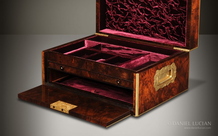 Walnut Antique Jewellery Box with Drop Front and Concealed Drawers.