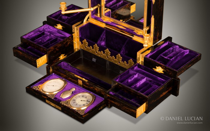 Asprey Antique Jewellery Box in Coromandel with Betjemann Patent Mechanism & Candlesticks.