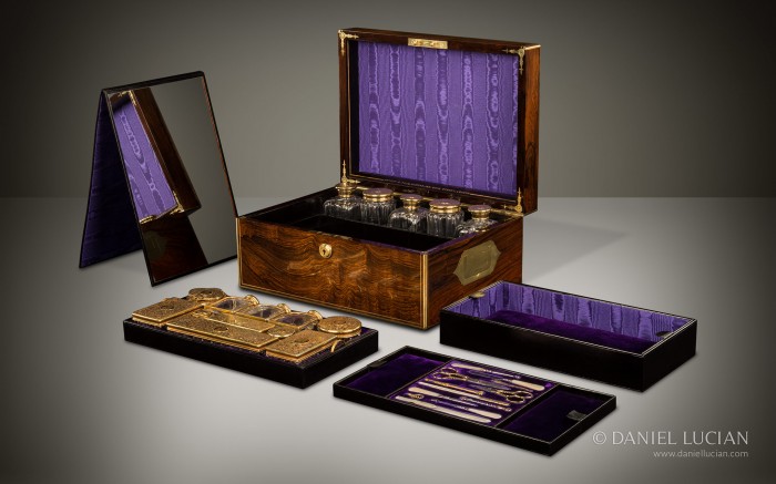 Antique Dressing Case in Rosewood with Silver-Gilt / Gold Fittings by Asprey.