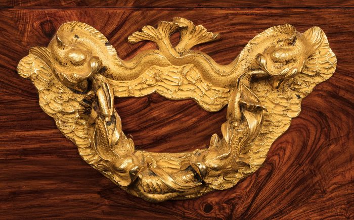 Ormolu side handle in the design of fish, elaborately entwined, from an antique dressing case from Asprey, displayed at the Great Exhibition of 1851.