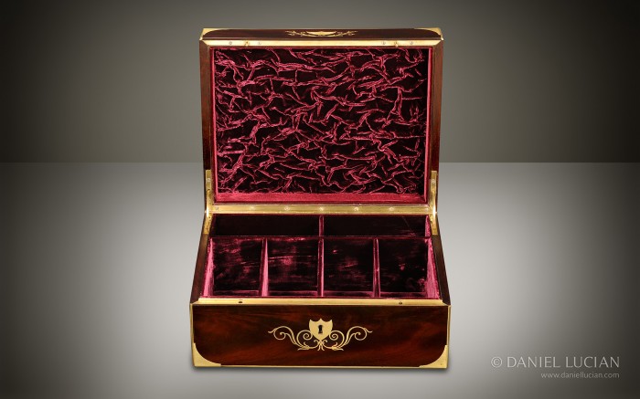 French Mahogany Antique Jewellery Box with Brass Inlay.