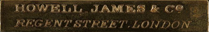 'Howell, James & Co, Regent Street, London' manufacturer's plate from an antique coromandel jewellery box with Betjemann Patent mechanism.