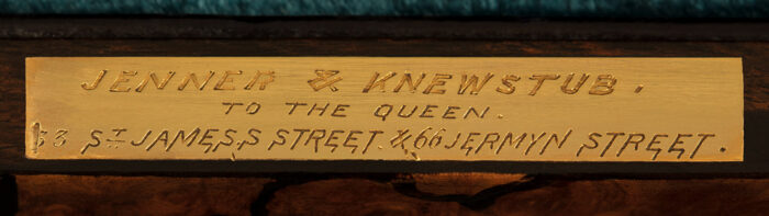 Jenner & Knewstub manufacturer's plate from a miniature antique jewellery box in burr walnut.