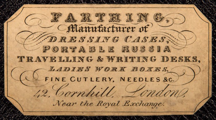 Paper label bearing the manufacturer's and retailer's mark of, John Farthing of 42 Cornhill, London.