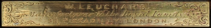 Engraved brass plate bearing the manufacturer's and retailer's mark of, William Leuchars of 38 Piccadilly, London.