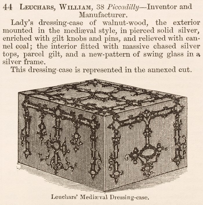 An illustration of a lady's dressing case by Leuchars, taken from the ‘Official Descriptive And Illustrated Catalogue Of The Great Exhibition Of The Works Of Industry Of All Nations 1851’.