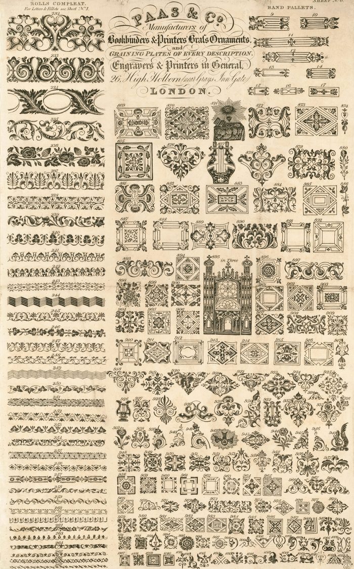 Paas &amp; Co catalogue from c.1830 detailing design options from their inventory of roll, pallet, and ornament tools.