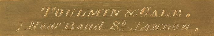 Toulmin & Gale engraved brass retailer's plate from an antique jewellery box in coromandel.