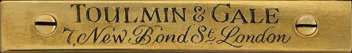 Toulmin & Gale engraved brass manufacturer's plate from an antique jewellery box in coromandel with cantilever mechanism.