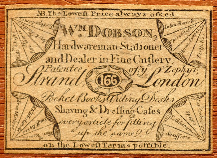 Paper label bearing the manufacturer's mark of, William Dobson of 166 Strand, London.