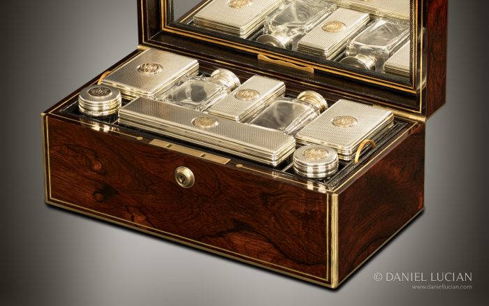Miniature Antique Dressing Case in Rosewood with Engine Turned Silver/ Gold Fittings, Attributed to Edwards.