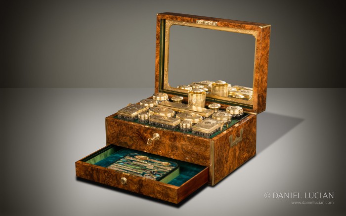 Antique Dressing Case in Burr Walnut with Silver-Gilt / Gold Fittings by Asprey & Sons.