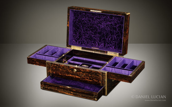 Antique Jewellery Box in Coromandel with Extending Side Trays and Spring-Loaded Rising Central Tray