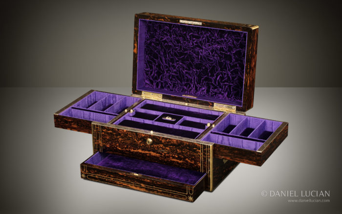 Antique Jewellery Box in Coromandel with Extending Side Trays and Spring-Loaded Rising Central Tray.