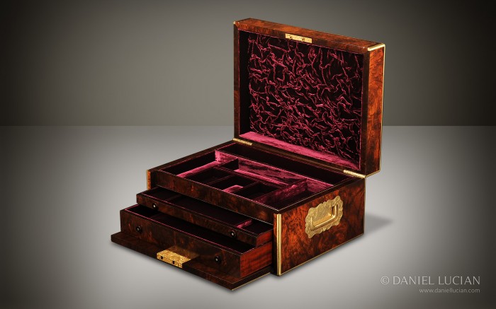 Walnut Antique Jewellery Box with Drop Front and Concealed Drawers.