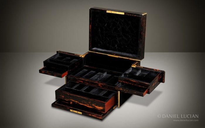 Antique Jewellery Box in Coromandel with Cantilever Mechanism by C. F. Hancock, Son & Co.