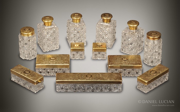 Antique 'hobnail' cut-glass vanity bottles taken from a coromandel dressing case by Jenner & Knewstub.