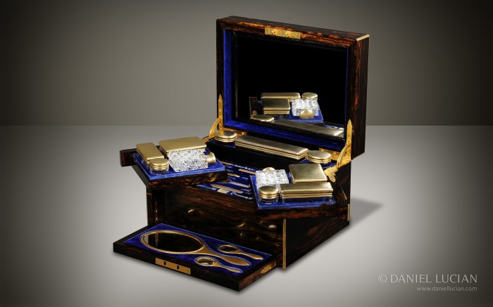 Antique Dressing Case in Coromandel with Silver-Gilt Bottles, by Betjemann & Sons.