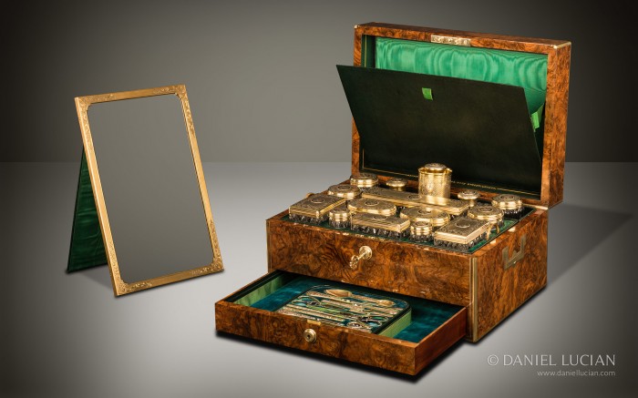 Antique Dressing Case in Burr Walnut with Silver-Gilt / Gold Fittings by Asprey & Sons.