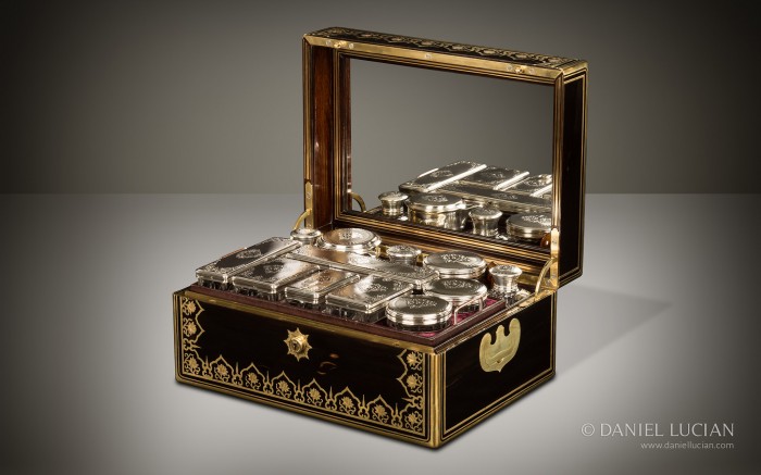 Antique Nécessaire de Voyage Dressing Case in Ebony with Floral Brass Inlay by Aucoc Ainé à Paris.