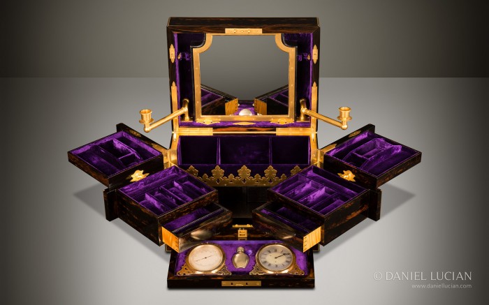 Asprey Antique Jewellery Box in Coromandel with Betjemann Patent Mechanism & Candlesticks.