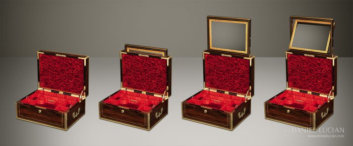 Antique jewellery box in rosewood with spring-loaded mirror mechanism, by David Edwards.