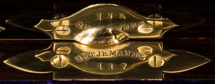 George Betjemann & Sons patent stamp plate from an Asprey antique jewellery box in coromandel with Betjemann Patent mechanism.