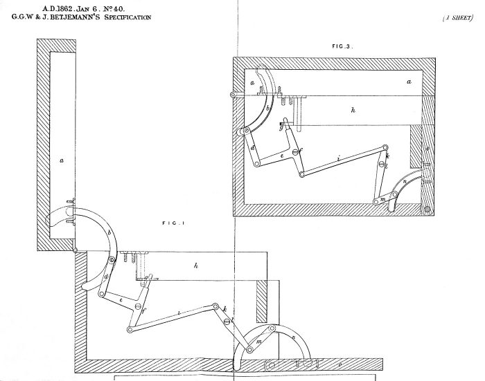 Copy of Betjemann's original patent drawings for their 'Automatic' opening mechanism.