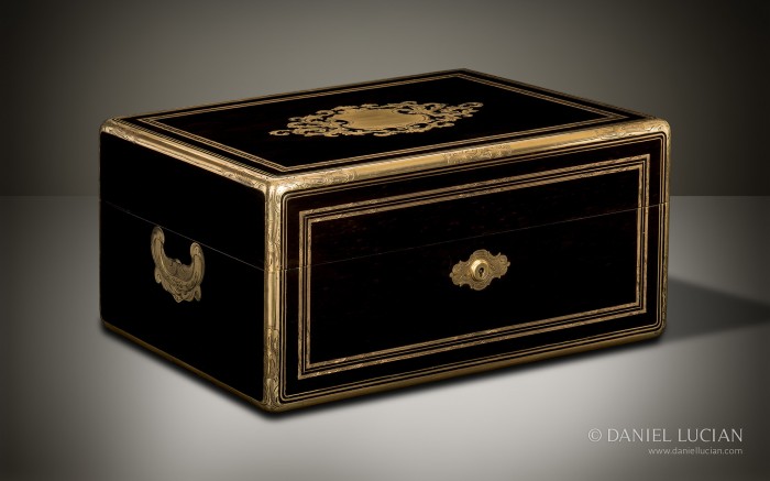 French Antique Jewellery Box in Ebony with Brass Inlay by Alphonse Giroux & Cie, Paris.