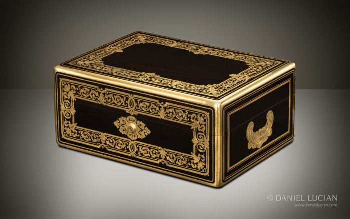 Antique Nécessaire de Voyage Dressing Case in Ebony with Foliate Brass Inlay, Belonging to the Viscount and Viscountess de Montreuil.