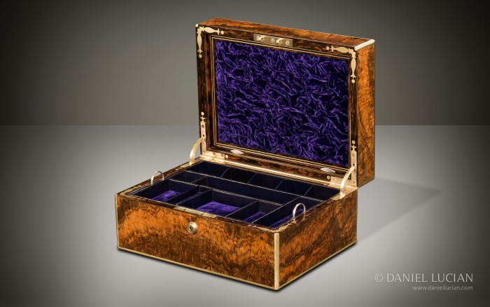 Antique Jewellery Box in Burr Walnut by Halstaff & Hannaford.