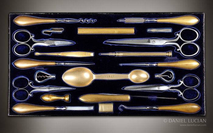 Vanity tool tray from an antique dressing case in coromandel with silver-gilt bottles, by Betjemann & Son.