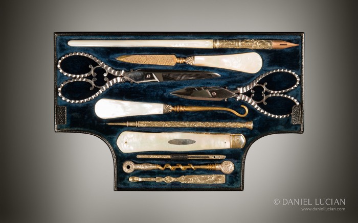 Vanity tool tray from an antique dressing case in calamander with silver-gilt / gold fittings by Asprey.