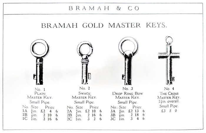 A selection of gold master keys taken from the Bramah & Co catalogue.